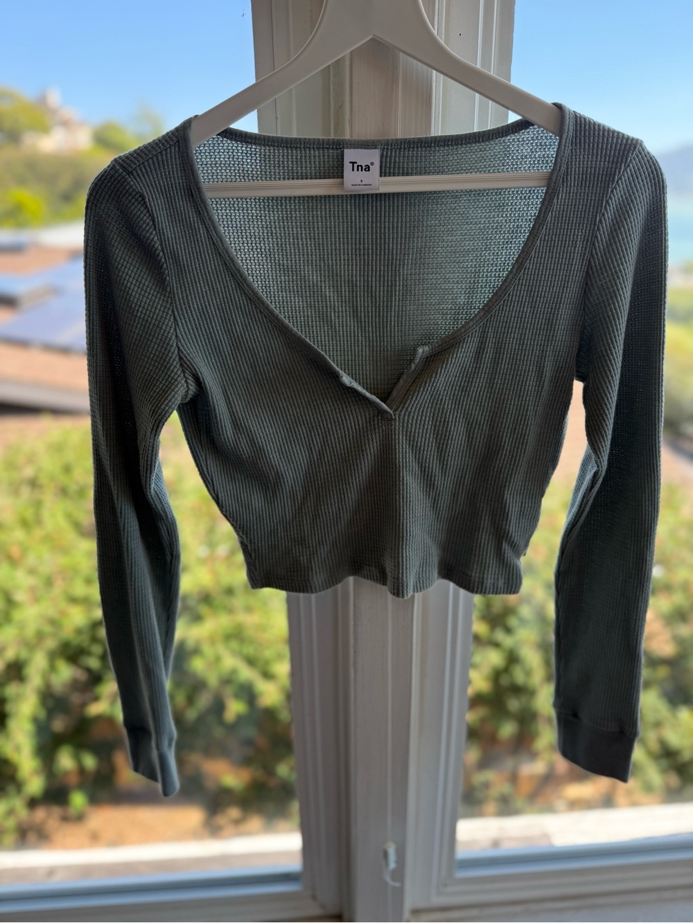 TNA Olive Green Ribbed V-Neck Long Sleeve Top